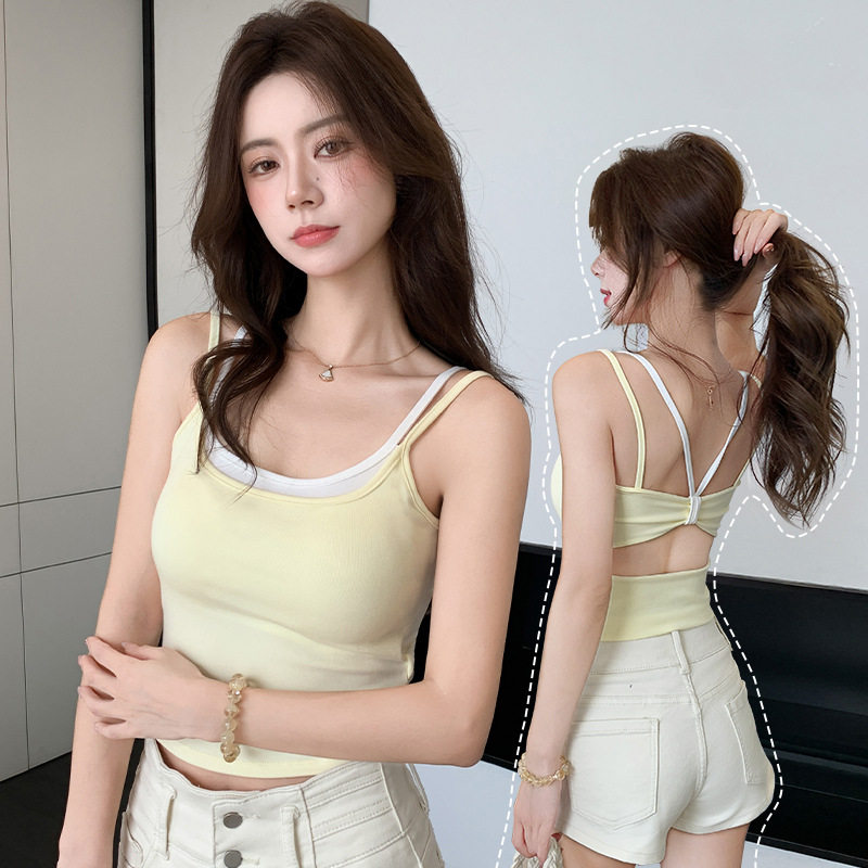 H166假两件小吊带背心女夏季修身显瘦带胸垫内搭辣妹可外穿上衣