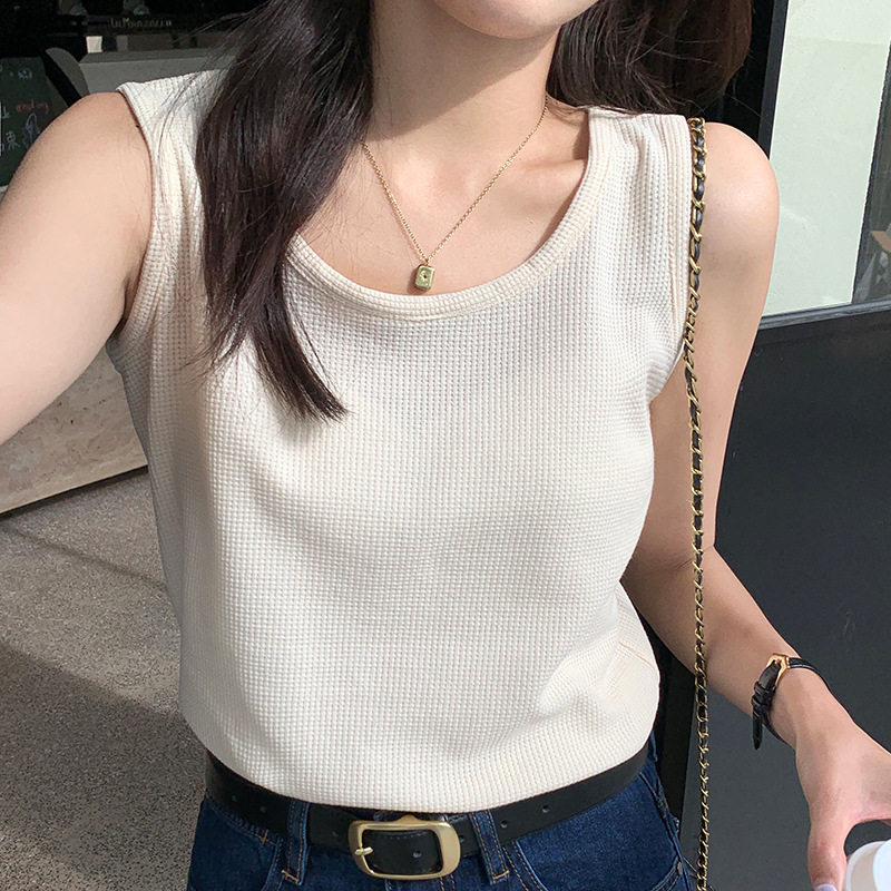 H309华夫格白色吊带背心女士夏宽松黑色内搭打底外穿无袖百搭上衣