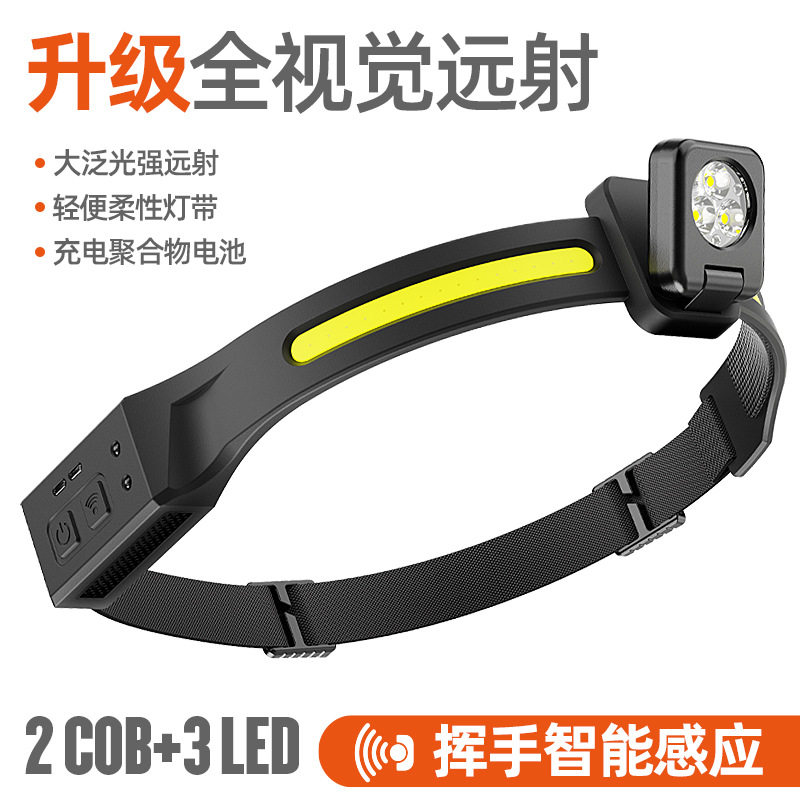 新款LED强光感应头灯USB充电户外骑行夜跑硅胶头灯COB多功能泛光
