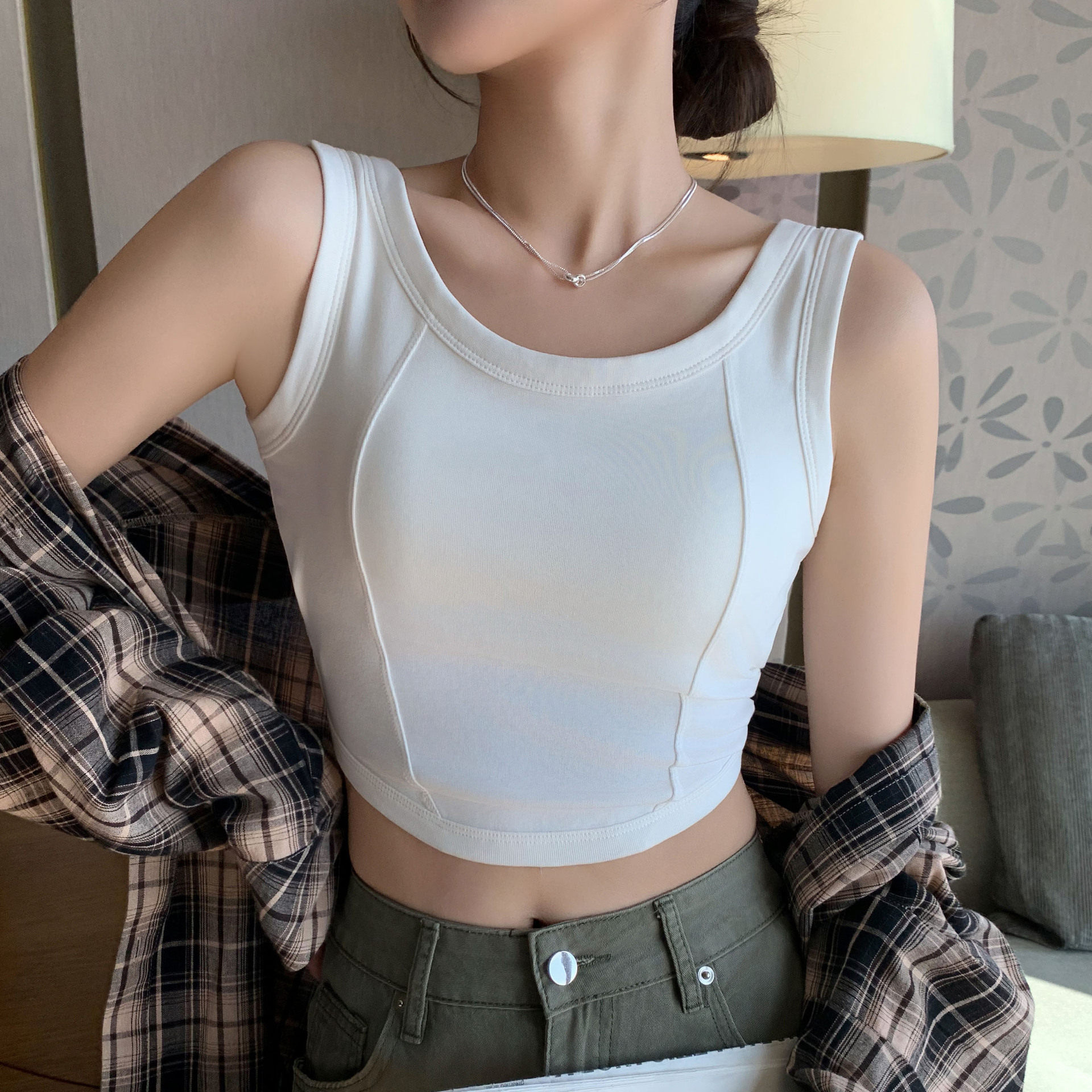 K3001运动拼接棉吊带背心女带胸垫一体修身显瘦内搭美背无袖上衣