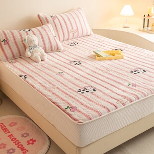 卡通条纹加厚床笠单件豆沙粉米白色冬季夹棉A类牛奶绒床垫保护罩