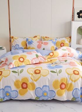 田园花朵床上纯棉四件套天蓝杏黄色全棉床单床笠款套件1.21.51.8m