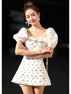 方领泡泡袖 上衣 小碎花裙裤 CAN夏季 套装 法式 两件套时尚 新款