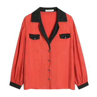 设计感西装 法式 领红色长袖 衬衫 小个子 CAN夏季 上衣女薄款 新款