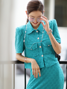 新款 套装 镂空短袖 高腰开叉半身裙两件套时尚 女 衬衫 CAN夏季