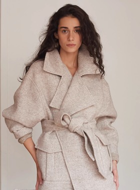 SSAVAGE女装2026新款猎户座立裁鱼骨斜纹羊毛呢廓形大衣