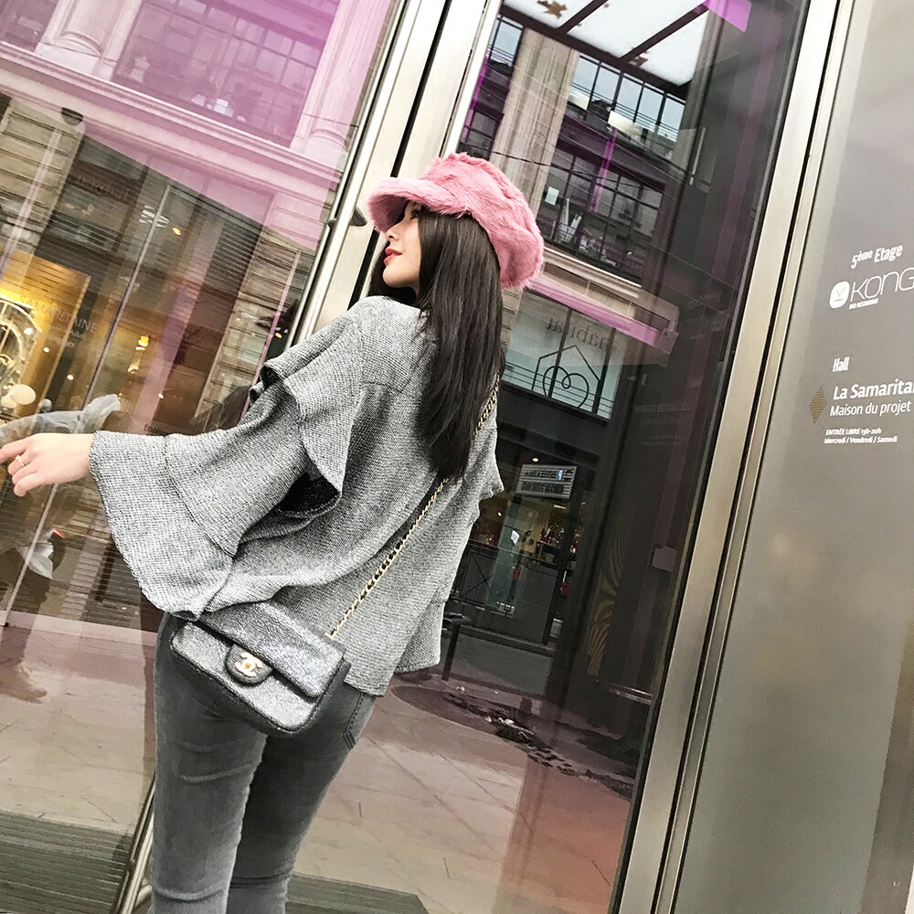 forevercan荷叶边宽松喇叭袖圆领套头衫上衣T恤女