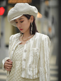 高级醋酸丝绒短外套女名媛白色开衫 法式 新款 forevercan冬季