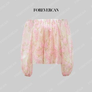 Forevercan女装“人面桃花”粉紫花卉一字肩细泡泡袖碎花短上衣