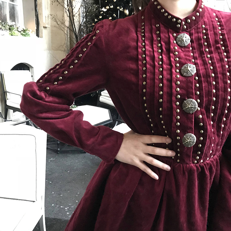 连衣裙can冬季钉珠红色长袖冷淡