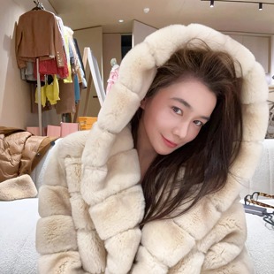 阿卡迪亚 进口獭兔毛连帽皮草外套 CAN