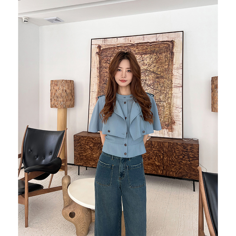Forevercan女装2025新款设计感莱赛尔天丝亚麻立裁斗篷式短袖衬衫