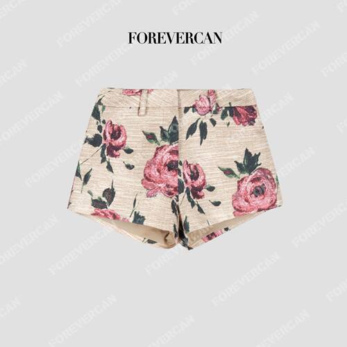 Forevercan女装“国色芳华”牡丹印花编织肌理A字显瘦短裤
