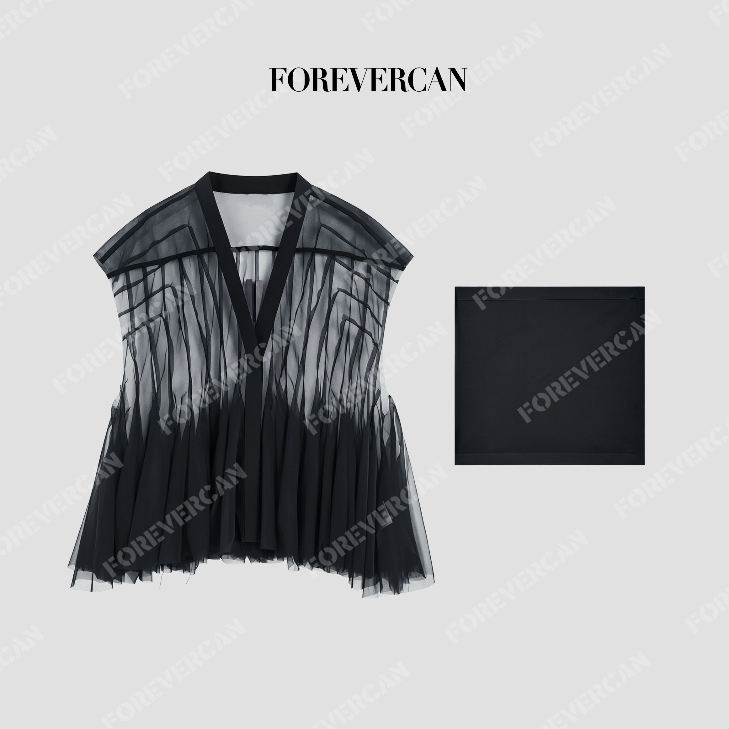 Forevercan女装2026新款黑纱影黑色V领透视网纱收摆上衣