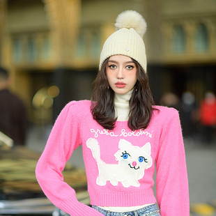 can高定进口高比例马海毛手工提花猫咪针织毛衣