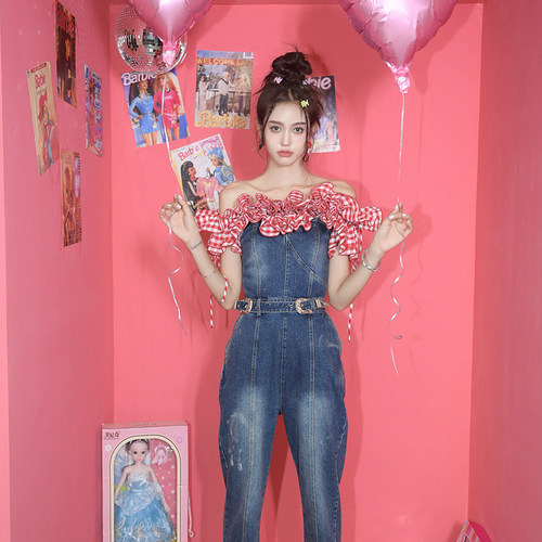 CAN高腰水洗抹胸牛仔连体裤