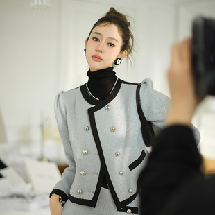 Forevercan2022新款 克拉小姐 进口订制粗花呢编织雾霾蓝名媛套装