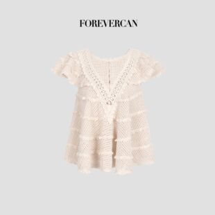 Forevercan女装2025新款夏日际遇法式镂空V领短袖A摆针织娃娃衫