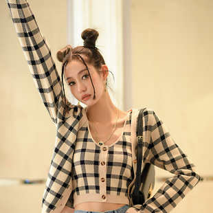 短款 CAN秋季 针织衫 设计感小众格子薄款 背心上衣两件套 新款