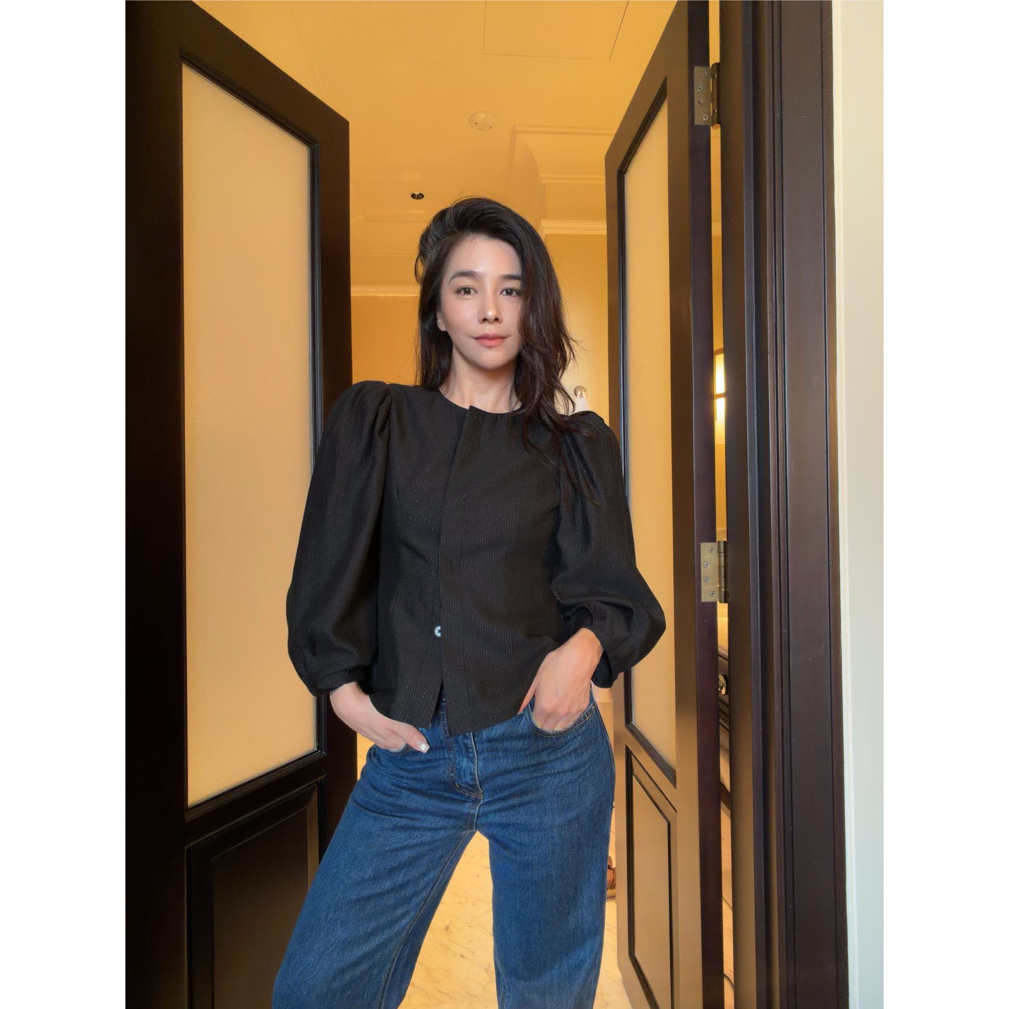 Forevercan女装“玄川录”暗条纹肌理通勤显瘦七分袖短上衣