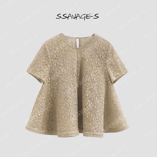 SSAVAGE女装“谷穗朵”浅卡圆领满花镂空蕾丝散摆宽松短袖