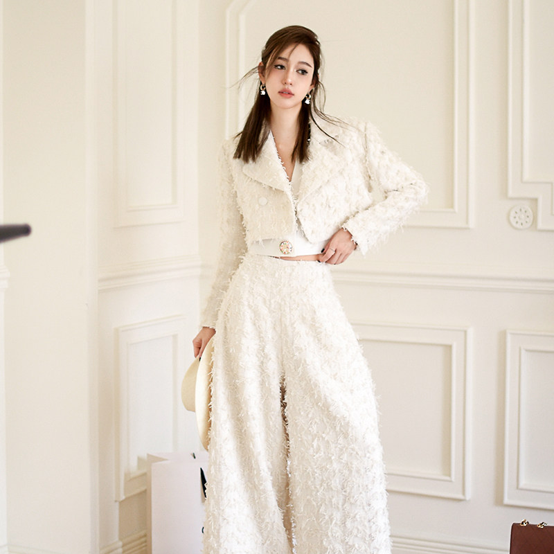 Forevercan高奢进口订制粗花呢立裁西装领短外套阔腿裤套装女秋冬,女装/女士精品,时尚套装,淘宝优惠券,粉丝福利购,淘宝优惠卷