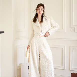 女秋冬 套装 Forevercan高奢进口订制粗花呢立裁西装 领短外套阔腿裤