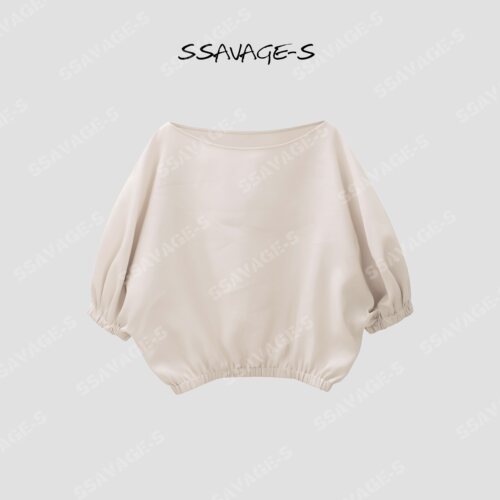 SSAVAGE女装“糯云芝”柔光宽松遮肉慵懒露肩短款小衫