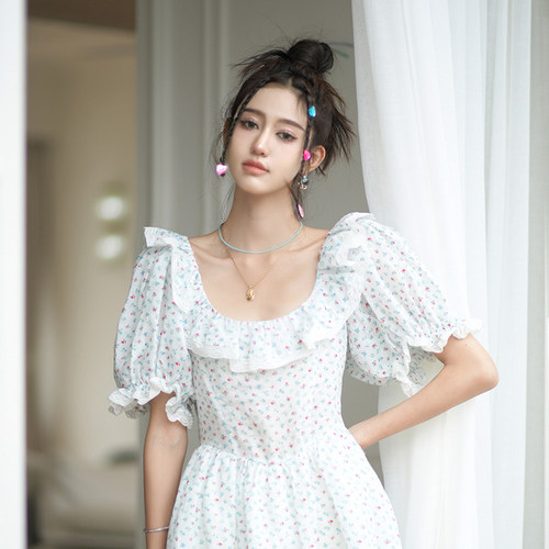CAN高腰碎花连衣裙短袖
