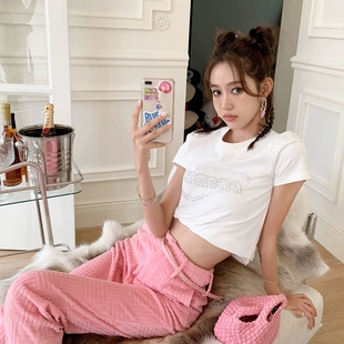 百搭短款 T恤女夏季 圆领上衣 forevercan复古白色字母印花短袖 时尚