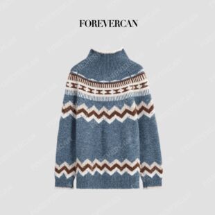 Forevercan“冬日费尔岛”羊驼毛高领波浪纹茧型针织毛衣