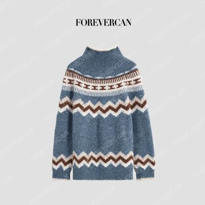 Forevercan“冬日费尔岛”羊驼毛高领波浪纹茧型针织毛衣