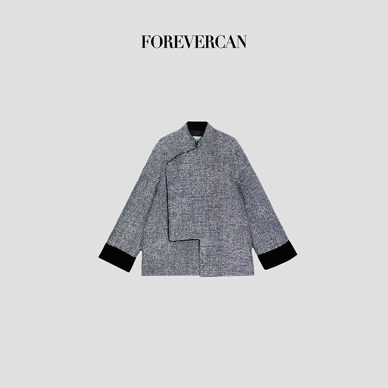 [现货]Forevercan女装新款"银新辞旧"新中式不规则门襟粗花呢外套