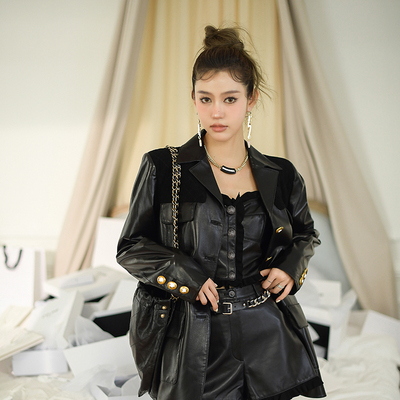 CAN2022新款高级感黑色皮衣套装