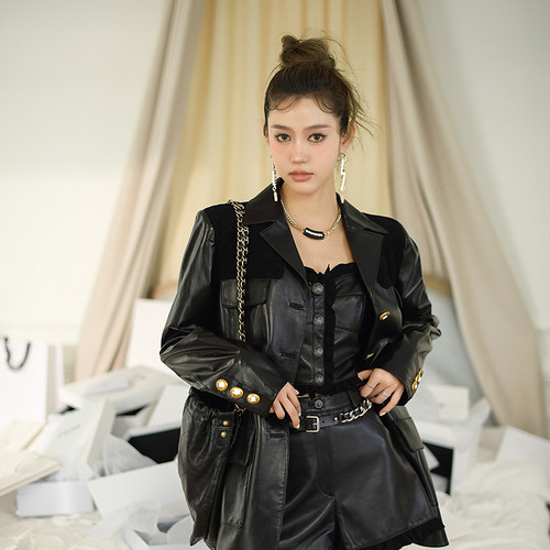 CAN2022新款高级感黑色皮衣套装