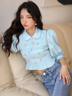 新款 设计感短款 浅蓝色泡泡袖 法式 别致上衣女 娃娃衫 CAN夏季