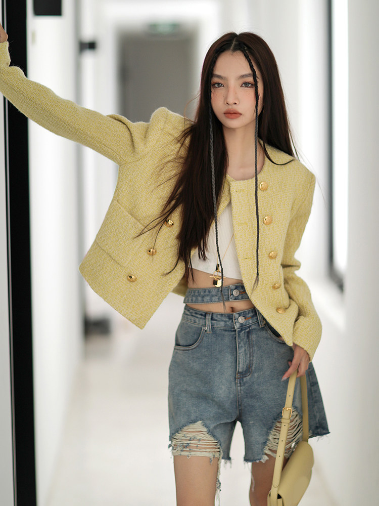 forevercan夏季新款 中腰直筒显瘦破洞牛仔裤女设计感阔腿裤热裤