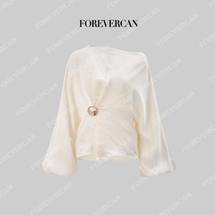 Forevercan女装“南风纪事”天丝斜一字肩长袖罩衫上衣
