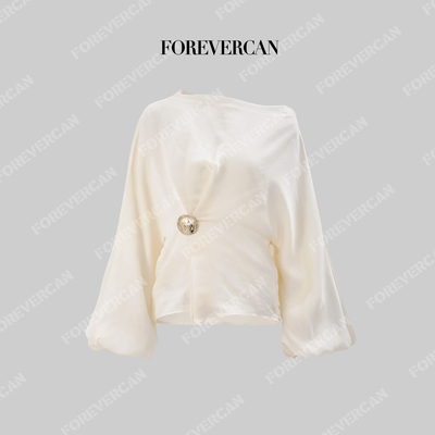 Forevercan女装“南风纪事”天丝斜一字肩长袖罩衫上衣