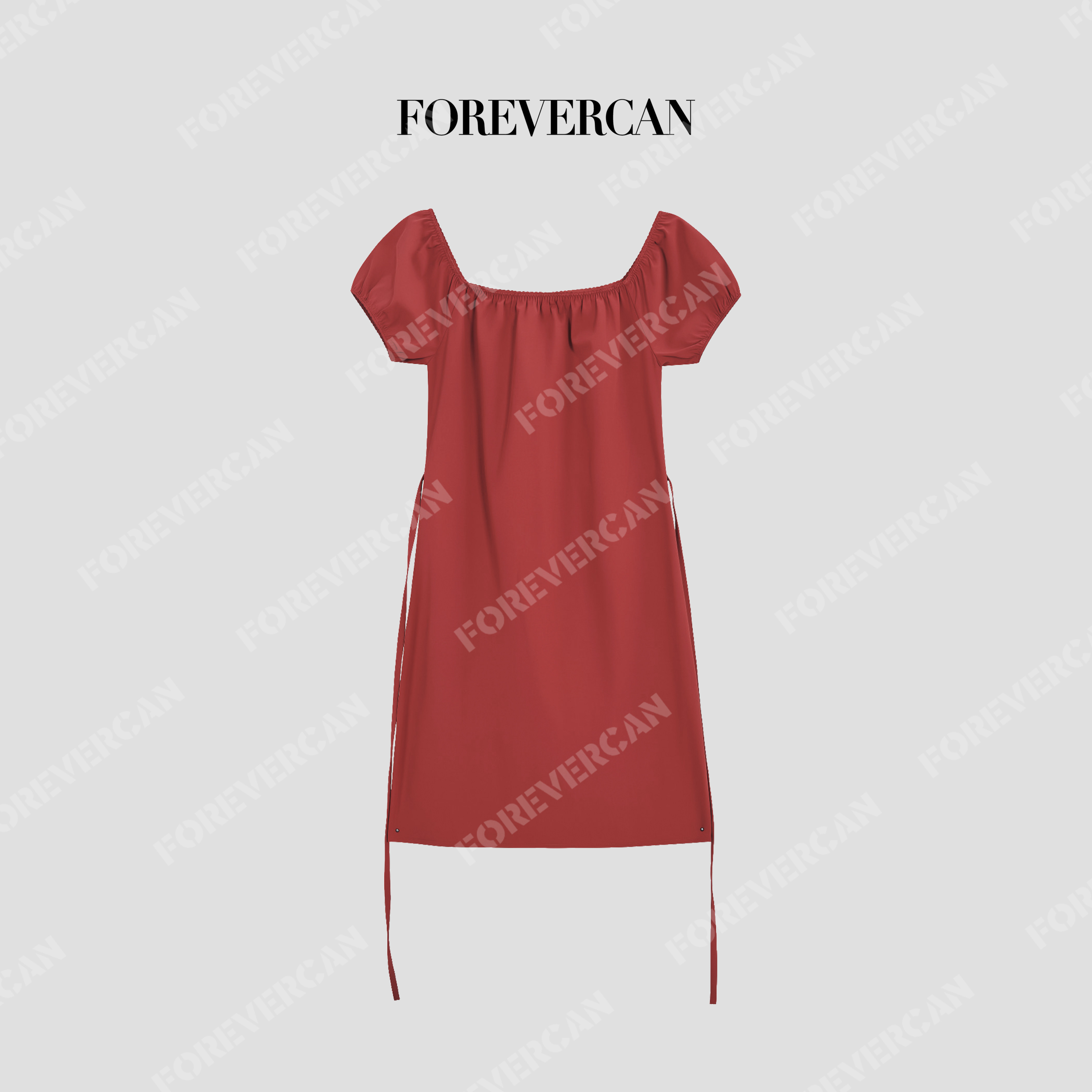 Forevercan女装"玫瑰余温" 气质一字肩泡泡袖收腰中长款连衣裙