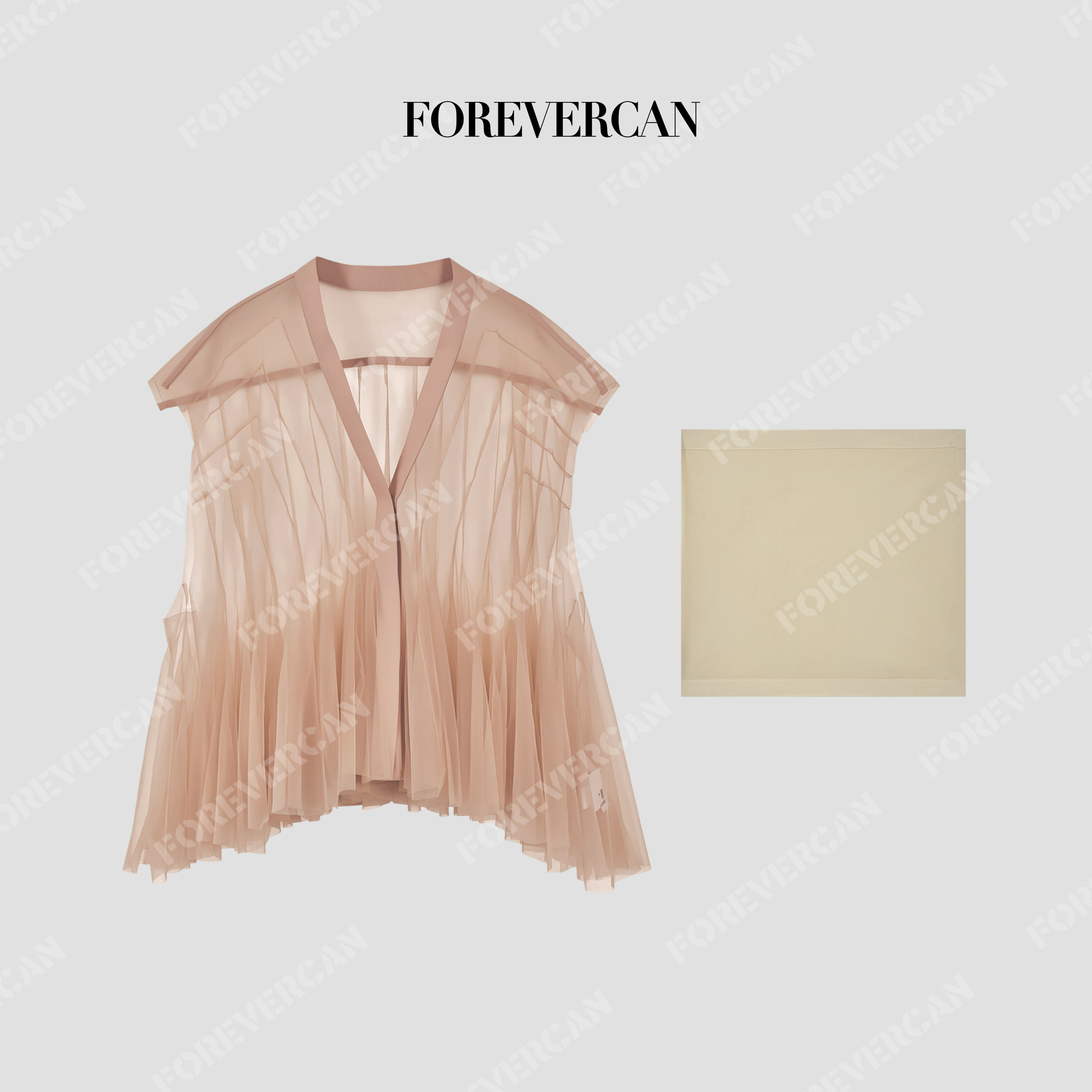 Forevercan女装"雾纱情书"V领透视网纱收摆上衣
