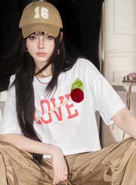Forevercan女装夏季新款玫瑰花印花时尚T恤复古气质名媛百搭上衣