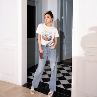 新款 街拍蓝色直筒长裤 潮款 女时尚 子百搭 中腰牛仔裤 CAN春季