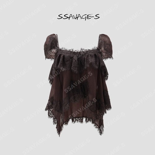 SSAVAGE一字肩蕾丝荷叶边上衣