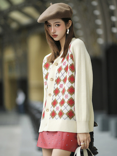 CAN 进口机织tollegno挂花开杉v领羊毛毛衣针织衫