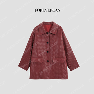 Forevercan女装 托尔斯港手工编织进口羊皮廓形皮衣外套 2025新款