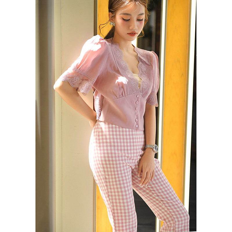 CAN夏季新款蕾丝拼接短款衬衫女收腰显瘦时尚V领短袖高腰上衣,女装/女士精品,衬衫,淘宝优惠券,粉丝福利购,淘宝优惠卷