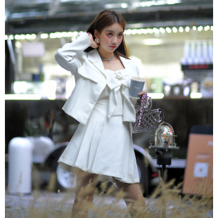 a字百褶半身短裙少女学院风套装 CAN秋季 上衣 气质小西装 女 新款