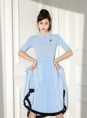CAN2022年新款百褶高腰连衣裙女