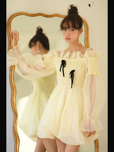 收腰一字肩抹胸连衣裙蕾丝花边仙女蓬蓬裙 法式 CAN夏季 新款